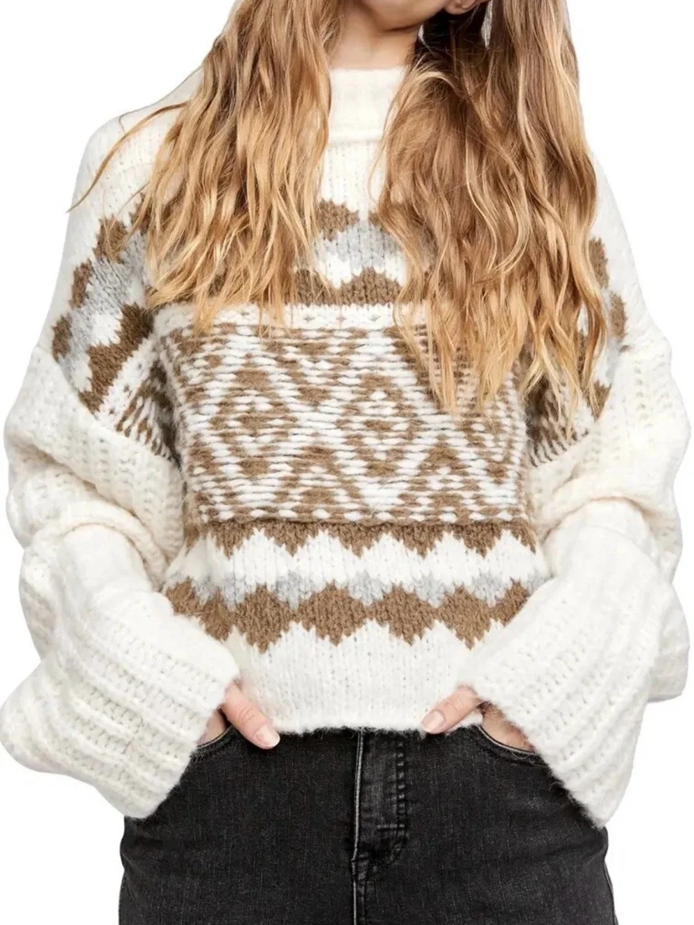Free People Alpine Crop Mock Neck Sweater Snowy Forrest Combo Sz M EUC